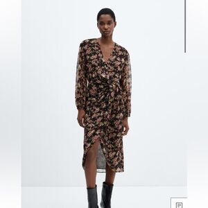 Mango Knot Print Black Floral Long Sleeve Dress